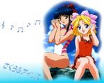  black_hair blonde_hair blue_eyes bow brown_eyes casual_one-piece_swimsuit hair_ribbon iris_chateaubriand long_hair multiple_girls non-web_source one-piece_swimsuit pink_bow red_bow ribbon rock sakura_taisen seashell shell shinguuji_sakura short_hair sitting swimsuit 