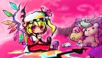  ascot blonde_hair blush chibi crystal dress flandre_scarlet full_body hat laevatein looking_at_viewer luft mob_cap pink red_dress red_eyes solo stick stuffed_animal stuffed_toy teddy_bear touhou 