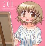  album_cover blush brown_eyes brown_hair character_single cover easel hair_ornament hidamari_sketch highres non-web_source official_art open_mouth paint scan short_hair solo x_hair_ornament yuno 