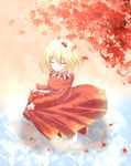  aki_shizuha autumn blonde_hair closed_eyes dancing dress from_above hair_ornament highres hiraga_matsuri leaf leaf_hair_ornament red_dress short_hair solo touhou wading water 