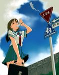  bad_id bad_pixiv_id bag black_hair cloud cowboy_shot day food ghost ittan_momen masao mouth_hold original popsicle road_sign school_bag school_uniform serafuku short_hair sign sky solo 