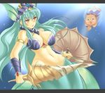  armlet bracer breasts bubble green_hair head_fins helmet large_breasts long_hair mermaid midriff momio monster_girl red_eyes shell shell_bikini shield swimming sword tangerina underwater weapon wide_hips yuukyuu_no_sharin 