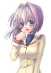  :d blue_eyes breasts clannad fujibayashi_ryou hikarizaka_private_high_school_uniform large_breasts long_sleeves looking_at_viewer open_mouth pink_hair sailor_collar school_uniform simple_background smile solo tachibana_koo white_background 