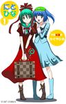  :d aqua_eyes aqua_hair blue_dress boots character_name dress flat_cap front_ponytail full_body hat holding kagiyama_hina kaguyahime kawashiro_nitori looking_at_viewer multiple_girls open_mouth red_dress rubber_boots smile standing suitcase touhou translated two_side_up v_arms 
