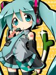  blush chibi detached_sleeves green_eyes green_hair hatsune_miku izuno_kenta long_hair necktie skirt solo spring_onion thighhighs twintails vocaloid 