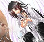  bed black_hair collar jewelry long_hair lowres male male_focus red_eyes ring 