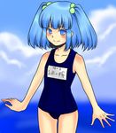  bad_id bad_pixiv_id blue_hair colorized flat_chest hair_bobbles hair_ornament hands highres kaimu_(sakamushiya) kawashiro_nitori one-piece_swimsuit school_swimsuit short_hair smile solo swimsuit touhou translated two_side_up urin 