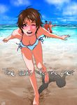  2boys beach bikini brown_eyes brown_hair cloud day kazuki_kotobuki konno_makoto leaning_forward legs mamiya_chiaki multiple_boys ocean one_eye_closed outdoors short_hair side-tie_bikini sky smile swimsuit toki_wo_kakeru_shoujo tsuda_kousuke 