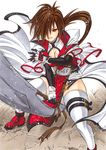  bibyo breasts brown_hair cleavage cleavage_cutout concrete genderswap genderswap_(mtf) gloves guilty_gear hair_over_one_eye large_breasts order-sol red_eyes sol_badgal sol_badguy solo sword thigh_strap thighhighs weapon 