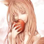  animal_ears apple face food fruit hands holding holding_food holding_fruit holo nabe_(crow's_head) nude one_eye_closed realistic smile spice_and_wolf wolf_ears 