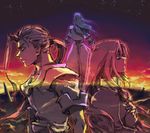  2boys ahoge armor asato bad_id bad_pixiv_id cloak earrings elhaym_van_houten evening fei_fong_wong from_side jewelry krelian_(xenogears) long_hair long_sleeves multiple_boys ponytail profile single_hair_intake sunlight sunset transparent upper_body xenogears 