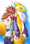  back-to-back belt black_sclera blue_eyes brown_hair digimon digimon_tamers hands_on_hips karabiner makino_ruki ponytail purple_eyes raglan_sleeves renamon short_hair smile wristband 