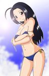  bikini black_hair breast_squeeze breasts day highres idolmaster idolmaster_(classic) idolmaster_1 long_hair medium_breasts miura_azusa non-web_source red_eyes solo swimsuit 