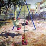 black_hair braid child denim hashimoto_reina highres jacket jeans oil_painting_(medium) original pants playground shoes skirt sneakers solo stuffed_toy swing tokyo_(city) traditional_media tree twin_braids twintails 