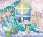  aqua_eyes aqua_hair barefoot beats_by_dr._dre bed full_moon hair_down hatsune_miku headphones indoors long_hair lying mayo_riyo moon nightgown pillow saliva solo vocaloid window 