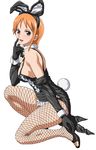  1girl animal_ears blush brown_eyes bunny_costume gloves kemonomimi legwear nami one_piece open_mouth orange_hair photoshop short_hair smile stockings thighhighs wrong_feet 