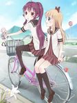  :o bad_id bad_pixiv_id bag bangs basket bicycle bicycle_basket black_legwear blonde_hair blood blue_eyes blush bow cloud day dress flower ground_vehicle guard_rail hair_bow hill ikeda_chitose kneehighs lily_(flower) loafers long_hair looking_at_another looking_back motion_blur multiple_girls multiple_riders nanamori_school_uniform nosebleed open_mouth outdoors pantyhose pleated_dress purple_eyes purple_hair revision riding road road_sign sailor_collar sailor_dress school_bag school_uniform serafuku shoes short_hair short_sleeves sidesaddle sign sky street sugiura_ayano thumbs_up toshinou_kyouko umeboshitora very_long_hair walking yuru_yuri 