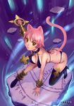  animal_ears ariverkao bikini boots breasts cat_ears cat_tail cleavage covered_nipples high_heels highres large_breasts looking_at_viewer one_knee original pink_hair short_hair solo swimsuit tail weapon 