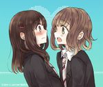  bad_id bad_pixiv_id blush brown_hair eye_contact from_side green_eyes heart long_hair looking_at_another mole mole_under_eye multiple_girls necktie original school_uniform short_hair yatosaki_haru yuri 