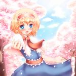  alice_margatroid blonde_hair blue_dress blue_eyes blush capelet cherry_blossoms dress frills hairband looking_at_viewer ooka_(ohkaworks!) open_mouth petals ribbon short_hair solo touhou tree 