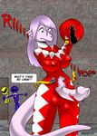  anthro balls beatrix_(seisuke) breasts bulge clothing dickgirl dragon english_text erection hair humor intersex long_hair penis power_rangers rip text wardrobe_malfunction wonderduck 