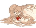  apple food fruit long_hair lying mawaru_penguindrum nude purple_eyes solo takakura_himari tears torisoboro 