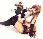  bare_shoulders belly black_legwear blue_eyes breasts brown_hair chicken_(food) cleavage deviruchi eating fingerless_gloves food gloves large_breasts long_hair plump ragnarok_online shorts simple_background solo thick_thighs thighhighs thighs white_background whitesmith xration 