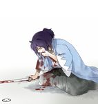  blood closed_eyes coughing coughing_blood covering_mouth hakama hand_over_own_mouth haori inazuma_eleven_(series) inazuma_eleven_go inazuma_eleven_go_chrono_stone japanese_clothes katana male_focus mizuhara_aki okita_souji_(inazuma_eleven) purple_hair samurai shinsengumi solo sword weapon white_background 