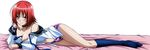  1girl absurdres bed_sheet blush bottomless breasts choker cleavage dakimakura footwear highres kampfer long_image lying mishima_akane on_side open_clothes open_shirt panties red_eyes red_hair school_uniform serafuku shirt short_hair socks solo underwear undressing wide_image 