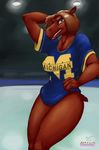  anthro bottomless breasts brown_eyes brown_hair cervine clothed clothing contessaskunk female fossil hair half-dressed hockey jersey mammal michigan moose pinup pose short_hair short_tail solo tallulah_elkins thick_thighs thighs wide_hips 