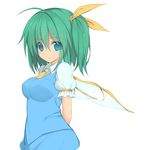  arms_behind_back blue_eyes breasts daiyousei denpaken_pochi green_hair medium_breasts short_hair side_ponytail simple_background smile solo touhou upper_body white_background wings 