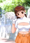  brown_eyes brown_hair cleavage_cutout gloves highres long_hair midriff navel solo wings yui_toshiki 