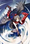  adapted_costume bare_shoulders black_hair camera geta hat looking_at_viewer red_eyes samail scarf shameimaru_aya short_hair skirt solo striped striped_scarf tengu-geta tokin_hat touhou wings 