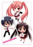  1boy 2girls absurdres chibi fang hidan_no_aria highres hotogi_shirayuki kanzaki_h_aria kobuichi multiple_girls official_art sweatdrop sword tooyama_kinji trio weapon 