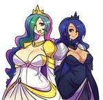  blue_eyes blue_hair breasts celestia_(my_little_pony) cleavage crescent crown dress gown green_hair hair_over_one_eye highres huge_breasts long_hair luna_(my_little_pony) maniacpaint multicolored_hair multiple_girls my_little_pony my_little_pony_friendship_is_magic no_bra one_eye_closed pauldrons personification pink_eyes pink_hair purple_hair siblings sisters tan very_long_hair 