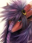  blue_eyes dragon eyewear goggles hair horn looking_at_viewer mane purple_hair quirachen smile solo 