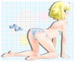  all_fours ass barefoot bikini blonde_hair blue_eyes looking_back md5_mismatch noto_(soranoto) original plaid plaid_background revision short_hair side-tie_bikini solo striped striped_bikini swimsuit 