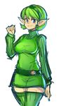  belt blue_eyes breasts dress green_hair green_hairband green_legwear green_shirt green_skirt hairband maniacpaint medium_breasts older pointy_ears ribbed_sweater saria shirt short_dress short_hair skirt smile solo sweater the_legend_of_zelda the_legend_of_zelda:_ocarina_of_time thighhighs zettai_ryouiki 