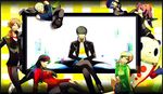  4girls amagi_yukiko arm_support bad_id bad_pixiv_id black_eyes black_hair black_legwear blonde_hair blue_eyes breasts brown_eyes brown_hair cabbie_hat clenched_hands crossed_legs everyone glasses grey_eyes grey_hair grin hairband hanamura_yousuke hat headphones headphones_around_neck jacket jacket_on_shoulders kujikawa_rise kuma_(persona_4) long_hair looking_at_viewer medium_breasts multiple_boys multiple_girls narukami_yuu one_eye_closed pantyhose persona persona_4 red_hair reverse_trap revision satonaka_chie sawakita_a school_uniform shirogane_naoto short_hair sitting skirt smile sweater tatsumi_kanji television track_jacket twintails yellow-framed_eyewear 