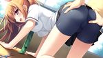  ass ass_grab bike_shorts blush cube erect_nipples game_cg kanekiyo_miwa kurano-kunchi_no_futago_jijou kurano_mikoto orange_hair seifuku tie 