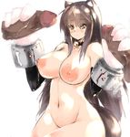  animal_ears areolae breasts brown_eyes brown_hair choker curvy double_handjob groin handjob highres huatu_jiang huge_breasts huge_penis large_areolae long_hair multiple_penises navel nipples nude original paws penis simple_background tail white_background wolf_ears wolf_tail 