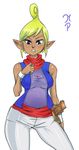  bare_shoulders blonde_hair blue_eyes bracelet breasts contrapposto dark_skin jewelry large_breasts maniacpaint neckerchief older pointy_ears shirt short_hair sleeveless solo standing sword taut_clothes taut_shirt tetra the_legend_of_zelda the_legend_of_zelda:_the_wind_waker updo weapon 