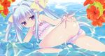  ass bikini blue_hair cameltoe cube_x_cursed_x_curious fear_kubrick flat_chest flower hair_intakes hibiscus highres legs lying novel_illustration official_art on_side purple_eyes sasorigatame shiny shiny_skin side-tie_bikini smile solo swimsuit twintails water 