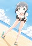  :d arms_behind_back beach bikini black_bikini black_hair blush chomo_(asymmate) collarbone green_eyes highres kirigaya_suguha leaning_forward looking_at_viewer open_mouth outdoors sandals short_hair side-tie_bikini smile solo sunlight swimsuit sword_art_online water 