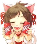  animal_ears bell breasts brown_hair cat_ears cat_tail fangs highres idolmaster idolmaster_cinderella_girls maekawa_miku medium_breasts ponytail solo tail tilm 