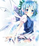  absurdres bad_id bad_pixiv_id blue_dress blue_eyes blue_hair blue_panties blush bow cirno dress hair_bow highres looking_at_viewer open_mouth panties ruriruno shirt short_hair short_sleeves solo striped striped_panties touhou underwear wind wind_lift wings 