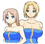  bare_shoulders blonde_hair blue_eyes breasts brown_hair character_request final_fantasy final_fantasy_tactics frown large_breasts long_hair monk_(fft) multiple_girls short_hair simple_background smile tsukudani_(coke-buta) unitard upper_body white_background 