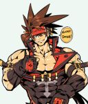  1boy belt_buckle blue_background brown_hair buckle fingerless_gloves gairen gloves guilty_gear headgear muscle pectorals simple_background smile sol_badguy solo speech_bubble spiked_hair thumbs_up upper_body yellow_eyes 
