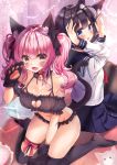  2girls :d animal_ears arms_up bangs bare_shoulders bell between_legs black_bra black_legwear black_panties black_sleeves blue_eyes blue_sailor_collar blue_skirt blush bra brown_eyes brown_hair cat_cutout cat_ears cat_girl cat_lingerie cat_tail cleavage_cutout collarbone commentary_request detached_sleeves eyebrows_visible_through_hair fake_animal_ears fangs fingernails frilled frilled_bra frills gloves hair_between_eyes hand_between_legs hand_up heart heart-shaped_pupils highres honoka_chiffon jingle_bell lingerie long_hair looking_at_viewer looking_back meme_attire multiple_girls navel open_mouth original panties paw_gloves paws pink_hair pleated_skirt puffy_short_sleeves puffy_sleeves red_neckwear sailor_collar school_uniform serafuku shirt short_sleeves sidelocks sitting skirt smile symbol-shaped_pupils tail tail_raised thighhighs twintails underwear wariza white_shirt 