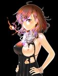 black_background bracelet breasts brown_eyes brown_hair commentary dress electricity hands_on_hips highres hkn_(ringya) jewelry medium_breasts misaka_mikoto necklace nipples older short_hair solo to_aru_kagaku_no_railgun to_aru_majutsu_no_index torn_clothes 